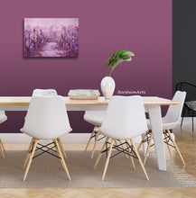 Cargar imagen en el visor de la galería, original art painting Vineyard in Fog Montecarlo Tuscany enhances this dining room with a light burgundy accent wall, painting is done in purple, Venetian red, and white by artist Kelly Borsheim