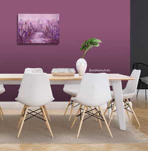 original art painting Vineyard in Fog Montecarlo Tuscany enhances this dining room with a light burgundy accent wall, painting is done in purple, Venetian red, and white by artist Kelly Borsheim