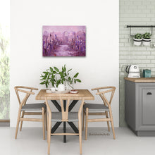 Cargar imagen en el visor de la galería, original oil painting Vineyard in Fog Montecarlo Tuscany shown here in sample dining room scene home decor art