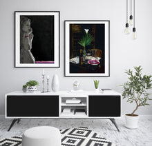 Carica l'immagine nel visualizzatore di Gallery, This living room scene shows how TWO prints by Kelly Borsheim might look displayed together.  The left drawing is a young woman seated and looking to our right, while the drawing on the left is an elegant table setting with wine bottle and glasses.