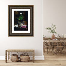 Carica l'immagine nel visualizzatore di Gallery, Print of Italian table setting shown with mat and frame hung in an entryway with a neutral colored dining room visible to the right in the background.