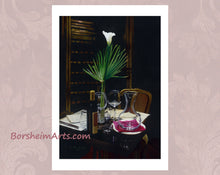 Carica l'immagine nel visualizzatore di Gallery, print of a table setting with clear wine glasses, a transparent decanter, and a green palm leaf with a white calla lily, all set against a dark background of black paper.