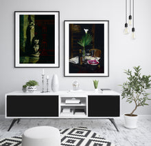 Carica l'immagine nel visualizzatore di Gallery, This contemporary living room scene shows two prints framed on the wall, both inspired by Florence Italy, sculpture and wine culture.
