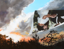 Cargar imagen en el visor de la galería, Detail of painting New Year's Eve to show the difference in realism a painting of a photograph inside a more painterly landscape sunset