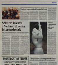 Load image into Gallery viewer, Sculpture image of Gymnast marble from the artist's site chosen by Italian journalist as the representational sculpture to announce an international stone carving symposium in Vellano, Tuscany, Italy. American artist Kelly Borsheim is named in the news article & in the photo caption as participating in this art event.