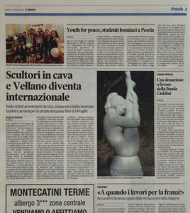 Sculpture image of Gymnast marble from the artist's site chosen by Italian journalist as the representational sculpture to announce an international stone carving symposium in Vellano, Tuscany, Italy. American artist Kelly Borsheim is named in the news article & in the photo caption as participating in this art event.