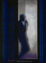 Cargar imagen en el visor de la galería, La Pausa Pastel Figure Silhouette Painting Restaurant Server Takes a Break by the backlit door of the kitchen Black Paper Art