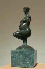 Load image into Gallery viewer, Pregnancy, a female pregnant mamma squatting with legs together in a graceful, elegant pose, bronze figure statue, mounted on a green marble base, tabletop sculpture by Vasily Fedorouk, Ukrainian - American sculptor artist
