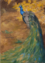 Load image into Gallery viewer, painting of gorgeous male peacock walking in front of some bright yellow autumn leaves
