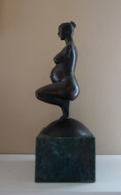 Load image into Gallery viewer, Other profile of maternity sculpture, Pregnancy, a female pregnant mamma squatting with legs together in a graceful, elegant pose, bronze figure statue, mounted on a green marble base, tabletop sculpture by Vasily Fedorouk, Ukrainian - American sculptor artist
