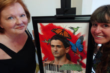 將圖片載入圖庫檢視器 Two women, artist on the right, with mixed media painting Must Get Back to Nature at exhibit in Austin, Texas