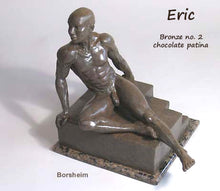 將圖片載入圖庫檢視器 Eric Bronze Male Nude Art Sculpture Seated Thinking Man Muscular Build Statue Chocolate Patina