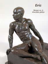 將圖片載入圖庫檢視器 Eric Bronze Male Nude Art Sculpture Seated Thinking Man Muscular Build Statue Chocolate Patina