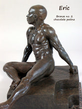 將圖片載入圖庫檢視器 Chocolate Patina Eric Bronze Male Nude Art Sculpture Seated Thinking Man Muscular Build Statue