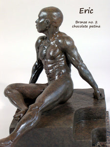 Chocolate Patina Eric Bronze Male Nude Art Sculpture Seated Thinking Man Muscular Build Statue