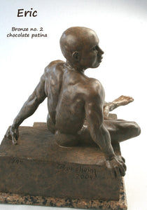 Side View Eric Bronze Male Nude Art Sculpture Seated Thinking Man Muscular Build Statue Chocolate Patina