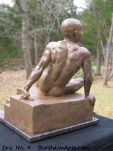 將圖片載入圖庫檢視器 Eric Bronze Male Nude Art Sculpture Seated Thinking Man Muscular Build Statue Reddish Brown Patina