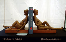 Carica l'immagine nel visualizzatore di Gallery, Expecting Twins bronze and wood bookends.  Great gift idea for maternity themes, as well as gifts for twins, especially twin mothers or twin babies.  Functional sculpture art by Kelly Borsheim