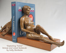 Load image into Gallery viewer, Expecting Twins bronze and wood bookends.  Great gift idea for maternity themes, as well as gifts for twins, especially twin mothers or twin babies.  Functional sculpture art by Kelly Borsheim
