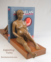 Load image into Gallery viewer, Expecting Twins bronze and wood bookends.  Great gift idea for maternity themes, as well as gifts for twins, especially twin mothers or twin babies.  Functional sculpture art by Kelly Borsheim
