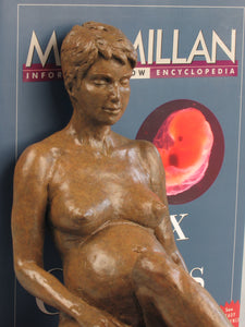 Detail of the serene face of a moment of relaxing time for the new mom to be, Expecting Twins bronze and wood bookends.  Great gift idea for maternity themes, as well as gifts for twins, especially twin mothers or twin babies.  Functional sculpture art by Kelly Borsheim