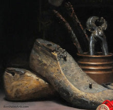 Carica l'immagine nel visualizzatore di Gallery, Detail Shoe Forms and Tool Textures Detail Shoes Still Life Painting Tools Sewing Machine Old Letters Realism Art