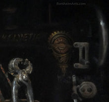 Carica l'immagine nel visualizzatore di Gallery, Detail Sewing Machine in Dark Background Shadows Detail Shoes Still Life Painting Tools Sewing Machine Old Letters Realism Art