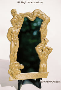 Opaque Tan Patina Oh Boy! Bronze Mirror of Nude Men, five male figures arranged into an asymmetrical frame