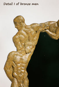 Detail man's back with head in profile, other man full frontal nude Opaque Tan Patina Oh Boy! Bronze Mirror of Nude Men
