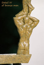 Load image into Gallery viewer, Detail of strong man back view fists on head holding the figure above him, Opaque Tan Patina Oh Boy! Bronze Mirror of Nude Men

