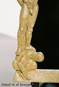Detail of lower left, crouching man supports a standing man on his shoulders and back, Oh Boy! Bronze Mirror of Nude Men