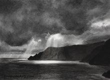 Load image into Gallery viewer, Spotlight Dramatic Lighting of Sun through Clouds Rugged Coastline Sun and Sea Water of Cinque Terre Italy Black and White Original Drawing
