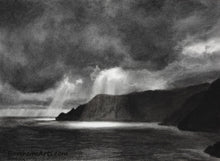 Cargar imagen en el visor de la galería, Spotlight Dramatic Lighting of Sun through Clouds Rugged Coastline Sun and Sea Water of Cinque Terre Italy Black and White Original Drawing