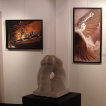 Load image into Gallery viewer, Marble Back to Back figure stone carving sculpture shown in room with pastel artwork Fiesole Still Life and print from original painting The Triumph of Icarus... live with art!