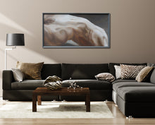 Load image into Gallery viewer, Arch, at 24 inches high x 48 inches wide, framed beautifully in a beveled slate grey frame, brings this wide brown couch together in the neutral living room.  Also featuring Zebra Lips, a carving in marble in zebra marble from Utah, a sculpture resting on the coffee table.  Buy from a living artist!
