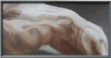 Load image into Gallery viewer, Arch 24 X 48&quot; Acrylic on Canvas © Kelly Borsheim A wonderful composition of a female dancer whose nude reclining torso creates a vibrant arch. The painting is created in warm browns &amp; subtle oranges with some metallic paints mixed in for a bit of surprise, a nice large work painted from a live model &amp; elegantly framed.
