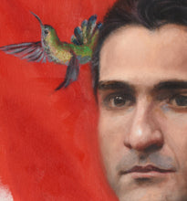 Load image into Gallery viewer, Detail 1 Painting Back to Nature (Must Get) Dazed Man Dreams of Escaping Technology to Fly with Hummingbirds and Butterflies
