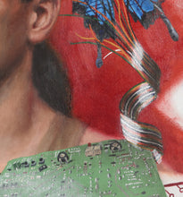 將圖片載入圖庫檢視器 Detail of mixed media painting technology represented by a UPC code and a circuit board with wires twirling up past his head, to fly with butterflies.