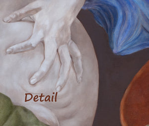 Detail of painting of Bologna Italy Parco della Montagnola Painting showing the woman's hand grasping the bum of a horse of the sea, a sea horse composition