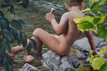 Laden Sie das Bild in den Galerie-Viewer, Detail Palette Knife Painting Lollipop Painting of Boy Child Innocence Looking Into River Natural In Nature