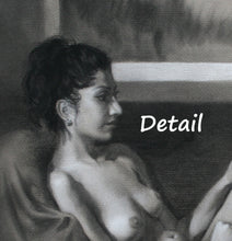 Load image into Gallery viewer, Details of nude woman daydreaming charcoal drawing original art from live model

