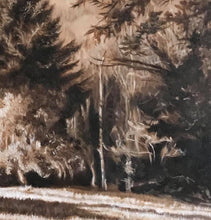 Laden Sie das Bild in den Galerie-Viewer, Enchanted Afternoon monochromatic landscape oil painting detail.... pine trees with olive tree