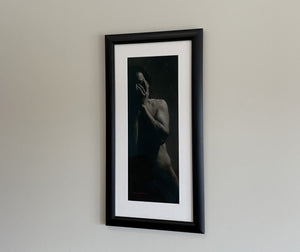 Charcoal drawing titled Enough!  shown here in its white mat with medium wide black frame and Museum Glass, for much lower reflections.  Charcoal and white pastel on grey Roma paper, fine art original drawing of male nude with his hands over his face.  Dramatic light and shadows.