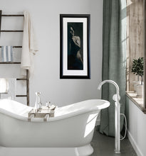 Load image into Gallery viewer, Enough a charcoal drawing of a standing man covering his face with his hands, black and white framed drawing hung in an elegant bathroom of soft greys, sage green, and a stylish white bathtub.  
