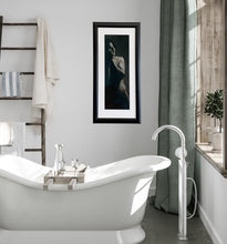 將圖片載入圖庫檢視器 Enough a charcoal drawing of a standing man covering his face with his hands, black and white framed drawing hung in an elegant bathroom of soft greys, sage green, and a stylish white bathtub.
