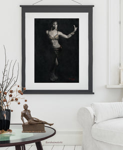 Belly dancer vertical drawing framed in this living room scene with the bronze nude male figure sculpture of Eric on the coffee table.  Both artworks are by artist Kelly Borsheim