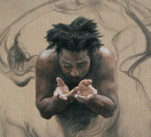 Load image into Gallery viewer, Detail of charcoal and pastel drawing on brown Roma-brand Italian paper:  Face and Hands Dono The Gift Man Genie Holding out Hands to Give with Smoke around Capoeira Movement Drawing
