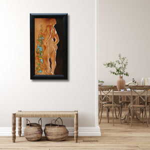 Beautiful entryway art for travel lovers Florentia classical painting of allegory female nude statue in the Palazzo Pitti with Florentine calligraphy fine art figurative oil painting framed in a home mockup.  Frame included