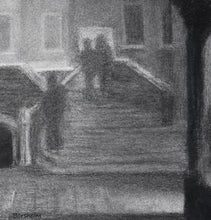 Carica l'immagine nel visualizzatore di Gallery, three figures in the fog are along the canal bridge in Venice, Italy, almost hidden in the fog