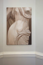 Laden Sie das Bild in den Galerie-Viewer, original painting ... a body crop (torso) of a sculpture in Italy Lucca, above a public water fountain.  The torso exposes one breast, but the rest of the figure is draped in the old ways, Roman toga-like perhaps?